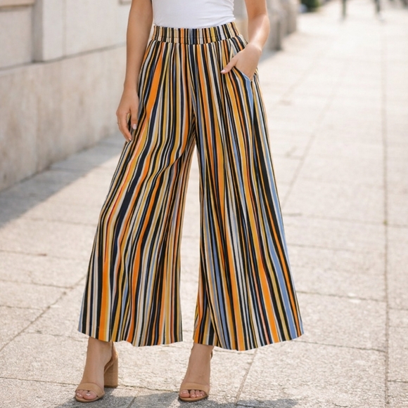 Bershka Pants - Bershka Multi-Stripe Wide Leg Pants - Yellow, Blue, Black, White